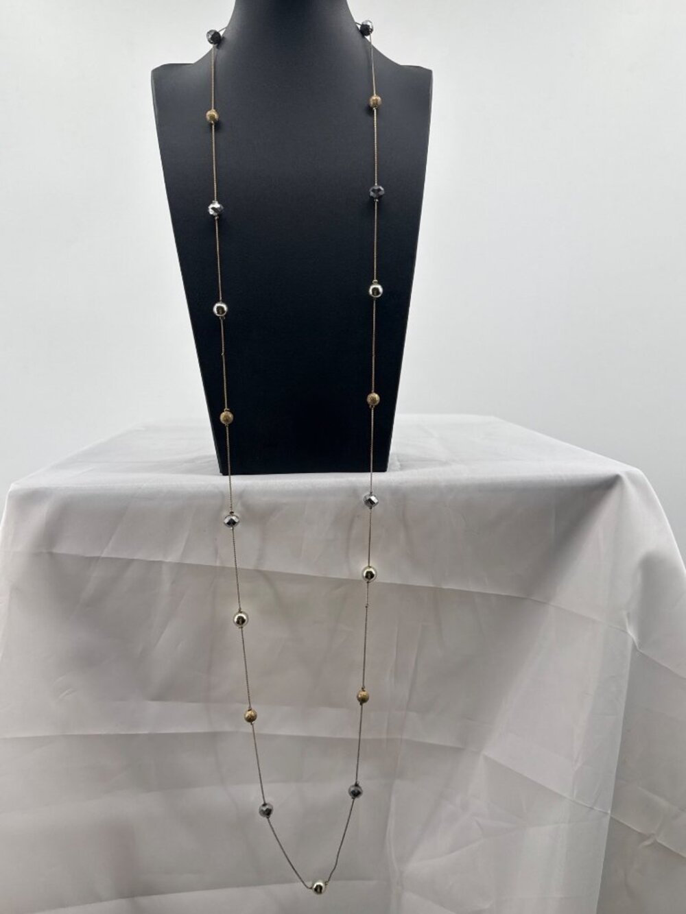 Gold Tone Opera Strand Station Necklace Faceted Crystal Stardust Bead Chain